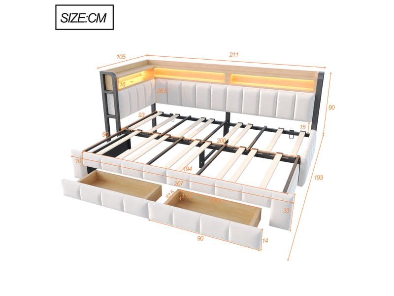  Canapé-lit extensible 90x200+180x200 cm avec rangements, led, port usb et usb-c, mdf, bois, métal, beige, sans matelas  - Conforama C