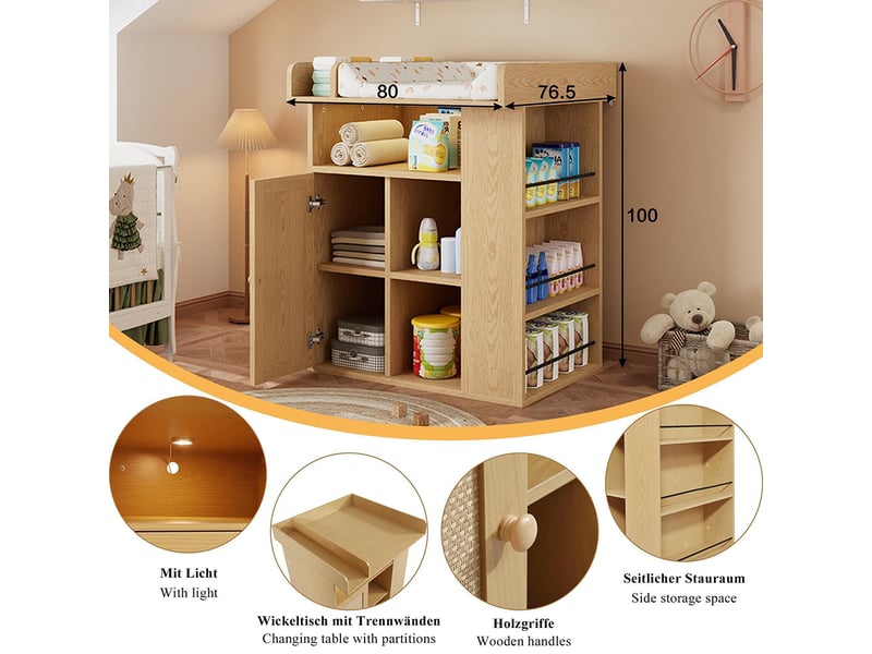 Table à langer bois naturel éclairage led réglable couleur et luminosité grand rangement latéral espace à langer avec séparateur  - Conforama E