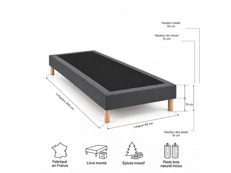  Sommier tapissier déco 80x200 cm gris - hauteur 30 cm - pieds inclus  - Conforama E