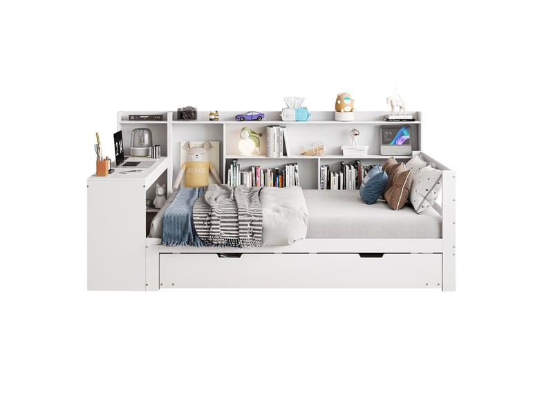  Canapé-lit en bois massif, 90 x 200 cm, avec bureau, étagères, compartiments et rangements, prise électrique, lit gigogne sous le lit, lit multifonctionnel en bois, blanc  - Conforama A