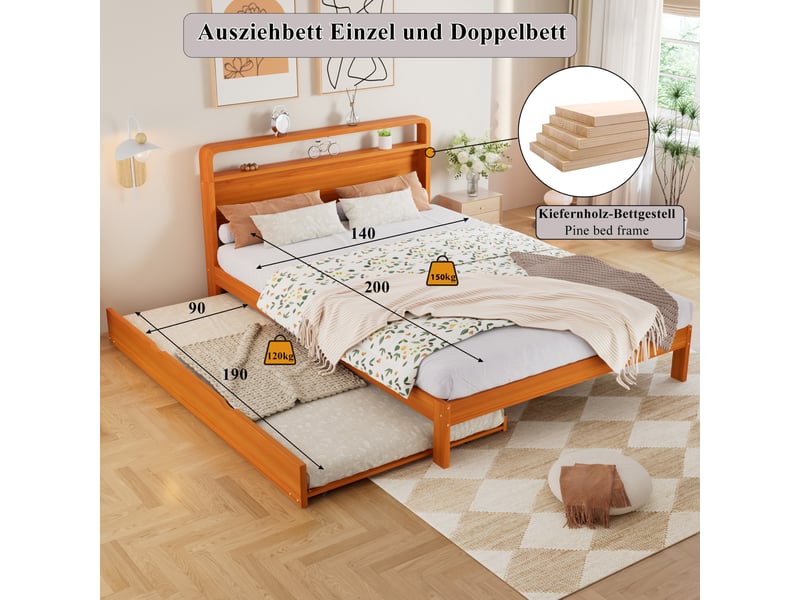  Lit double en bois naturel 140x200 cm avec lit d'appoint 90x190 cm, tête arrondie et gain de place  - Conforama D