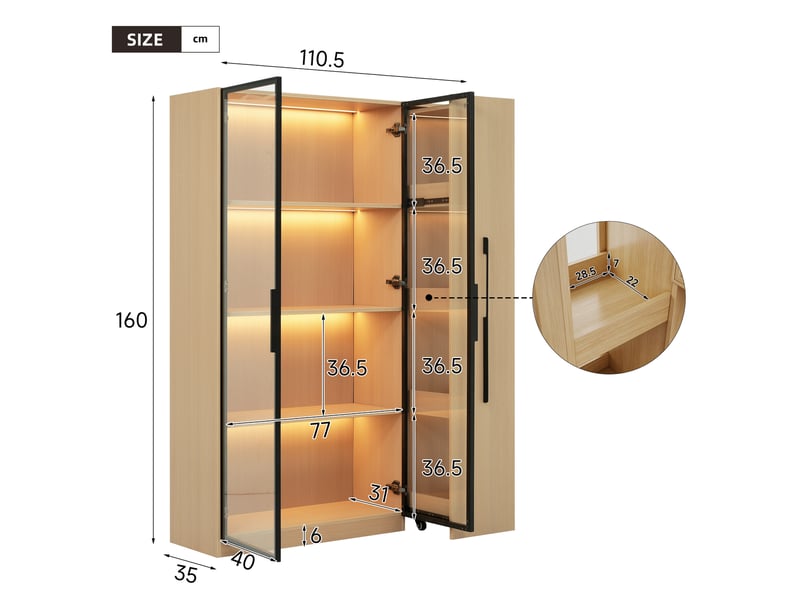  Vitrine bibliothèque led avec porte vitrée et rangement coulissant à roulettes pour salon, chêne, 110 × 35 × 160 cm  - Conforama E