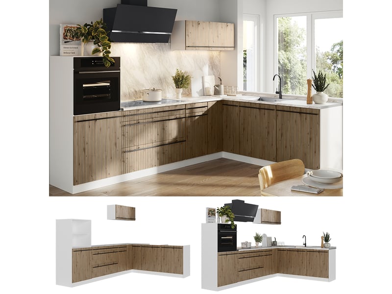  Vicco cuisine en angle, chêne artisanblanc, 287 x cm plan de travail anthracite  - Conforama D