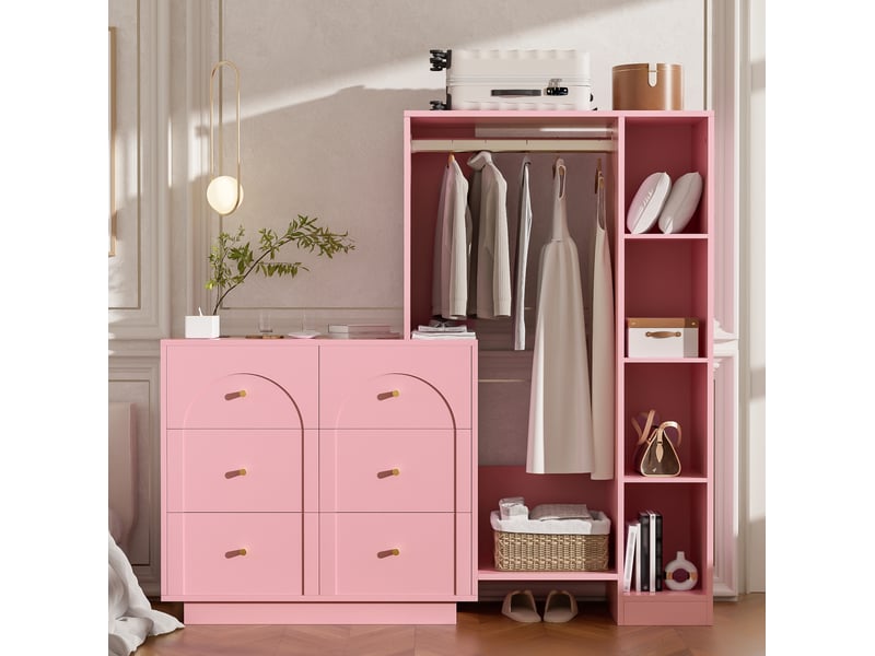  Armoire multifonction 139x35x133 cm 6 tiroirs panneau de particules métal rose  - Conforama D