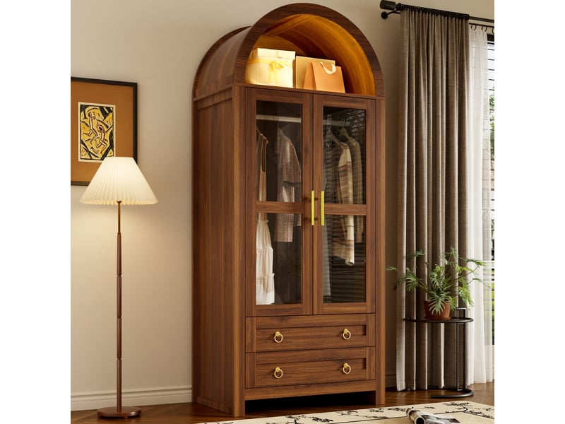  Armoire-penderie 76x50x185cm avec portes vitrées, tringle, 2 tiroirs et éclairage led multicolore, design incurvé, effet noyer evarich - Conforama E