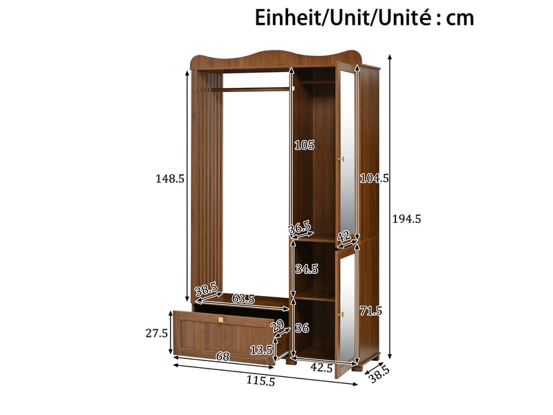 Armoire penderie ouverte avec miroir et 2 portes 1 tiroir, mdf noyer, 115,5x38,5x194,5 cm  - Conforama C