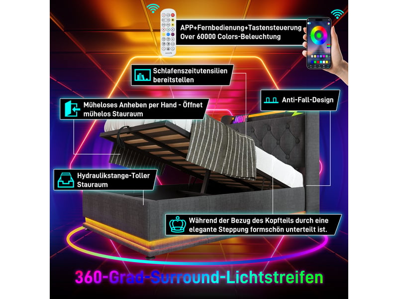  Lit 1 personne 90x200 cm avec led et usb, cadre de lit avec matelas et tête de lit en lin, gris, lit simple  - Conforama C