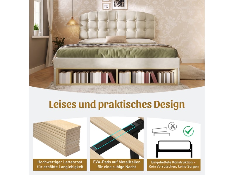  Lit double 140x190 capitonné en velours beige avec tiroirs de rangement  - Conforama D