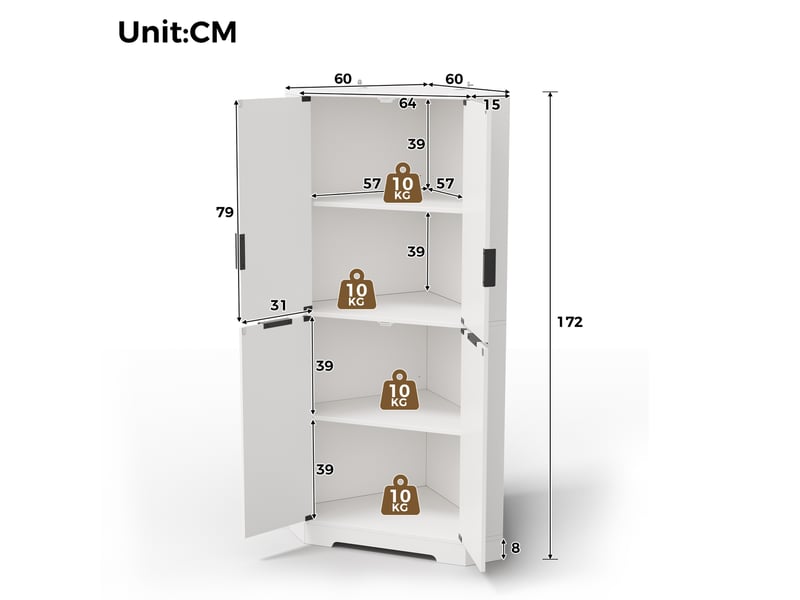  Meuble d'angle avec 4 portes et étagères réglables, design rainuré, pour cuisine, mdf blanc, 60 × 60 × 172 cm  - Conforama D