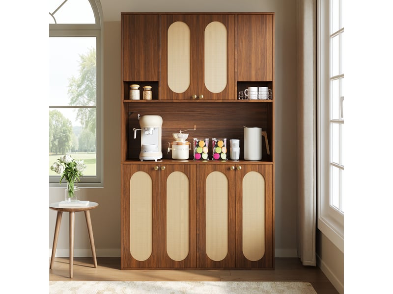  Buffet haut 8 portes avec éclairage led et rotin pe naturel 106x40x178 cm GL75345D - Conforama E