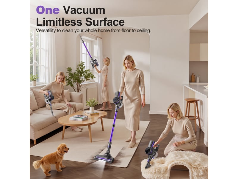  Aspirateur balai sans fil violet avec écran led, brosse rouleau souple, aspiration jusqu'à 26 kpa  - Conforama B