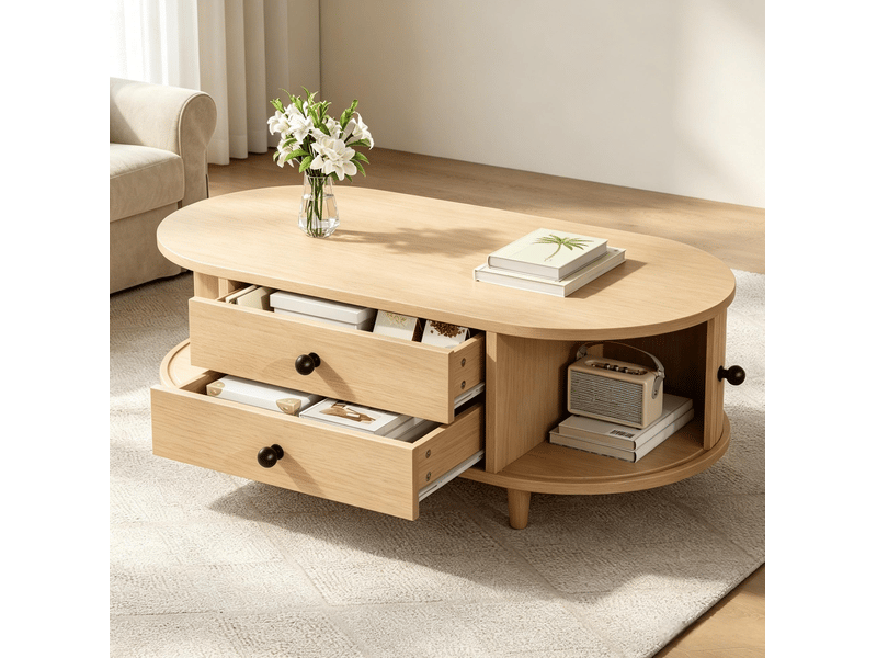  Table basse 100x50x36 cm avec 2 tiroirs et portes à rideau mdf bois clair  - Conforama B