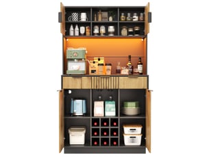 Armoire de cuisine 105x40x180cm, buffet avec led et prises, 3 tiroirs, casier à bouteilles et porte-verres, noir et naturel