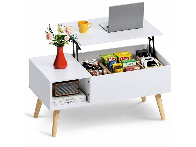  Table basse relevable avec coffre et niche ouverte, style mi-siècle, blanche, 100 x 50 cm, hauteur 41 à 57 cm  - Conforama A