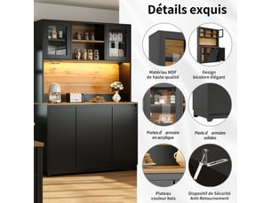 Armoires cuisine, buffet 120x40x180 cm, haut vaisselier avec éclairage led, de rangement meuble d'appoint avec plans de travail