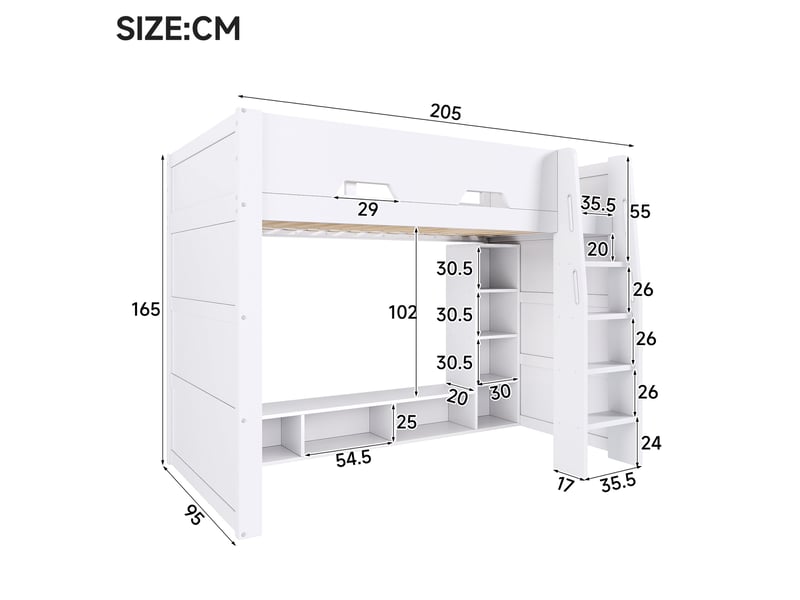  Lit mezzanine en bois, 90x200 cm, avec de nombreux espaces de rangement et éclairage led, blanc  - Conforama C