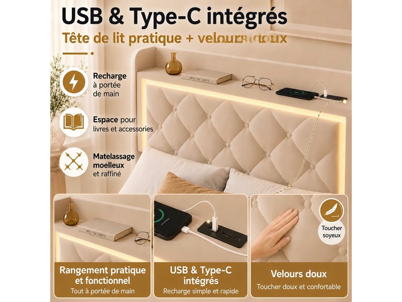  Kefsr lit simple 90x200 cm avec tiroirs de rangement, lit capitonné en velours beige avec tête de lit étagère, led rgb et ports usbtype-c  - Conforama R
