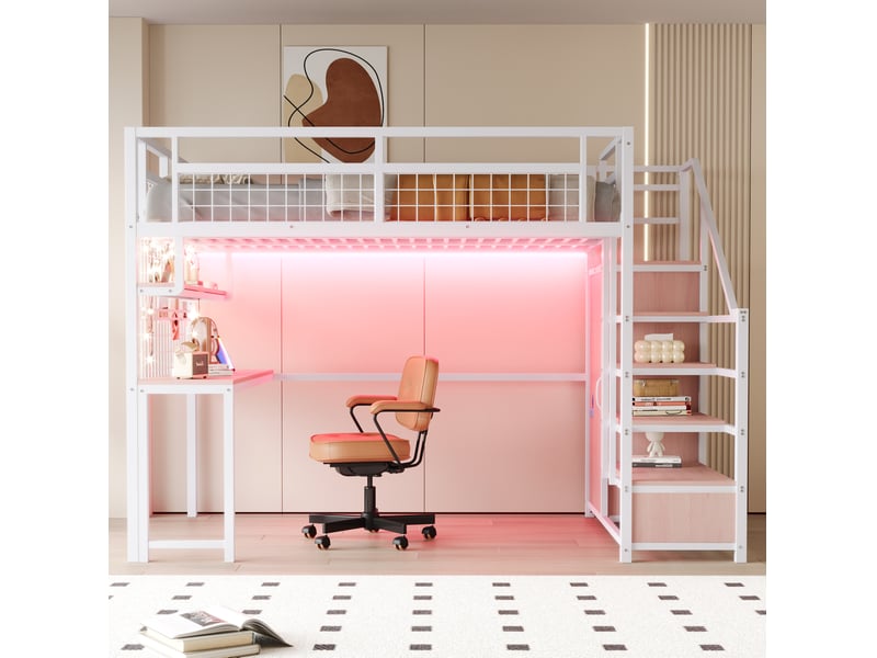  Lit mezzanine 140x200 cm avec escalier de rangement, bureau et penderie blanc  - Conforama D