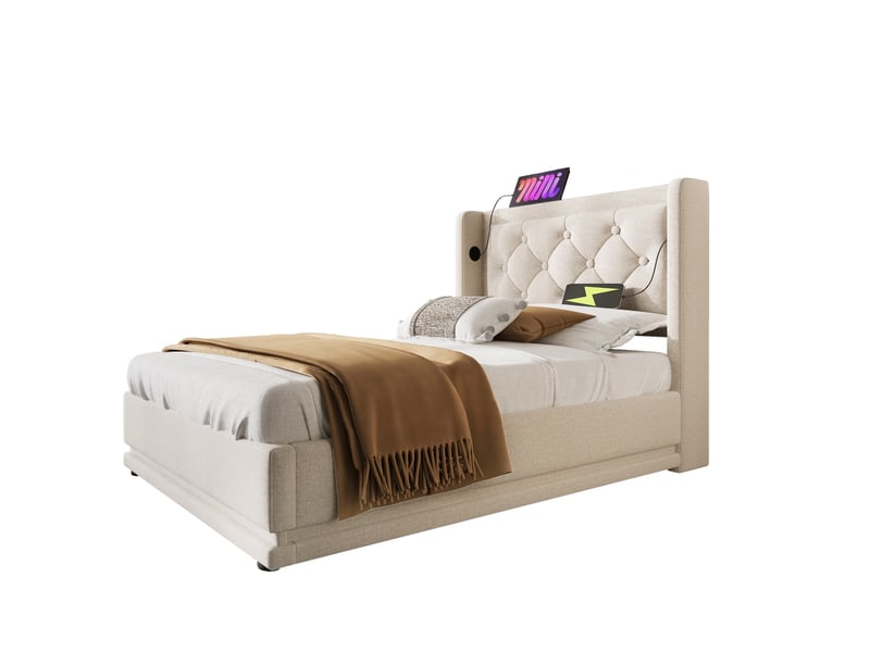 Lit coffre, lit simple en coton avec rangement hydraulique, usb, type-c et led 90x200 cm, sans matelas, beige - Conforama A
