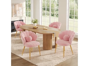 Lot de 4 fauteuils - 60x62.5x83 cm - tissu bouclé - assise rembourrée - dossier coquillage - pieds en métal - usage quotidien - rose