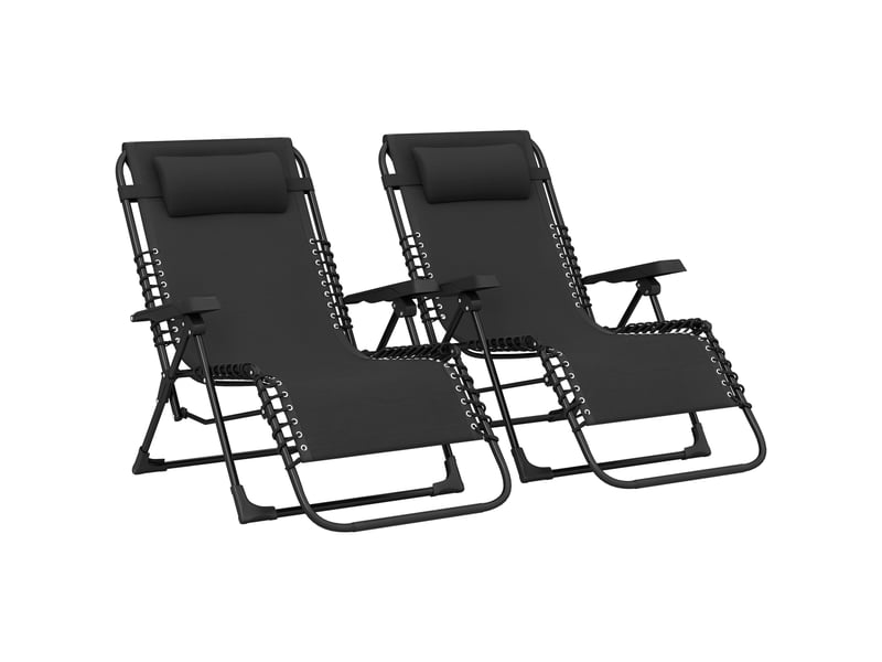 Lot de 2 bains de soleil pliant, transat inclinable, chaise longue textilène noir 90x65x112cm - Conforama B