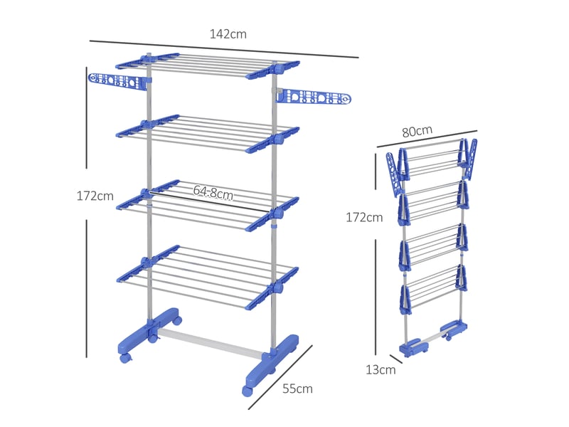  Séchoir à linge sur roulettes, échelle 2 niveaux, pliable, ailes pliantes, support en acier inoxydable bleu  - Conforama C