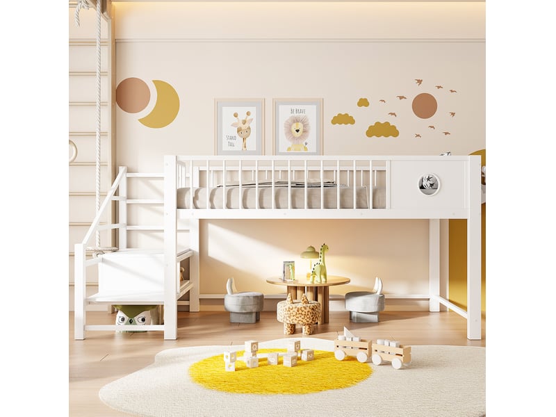  Lit surélevé bas enfant 90 x 200 cm avec escalier de rangement, blanc, métal  - Conforama D