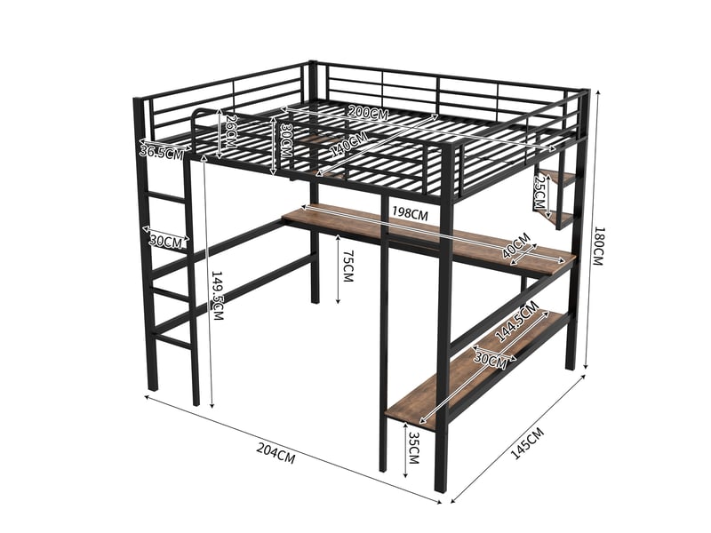  Lit mezzanine 140x200 cm avec bureau et bibliothèque métal et mdf noir sans matelas  - Conforama C