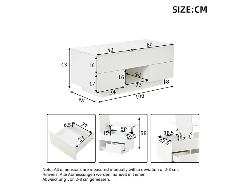  Table basse 100x45x43 cm relevable led panneau de particules blanc  - Conforama E