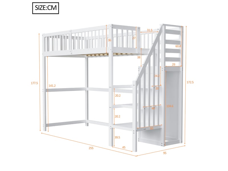 Lit mezzanine enfant 1 place 90x200 cm avec escalier de rangement, armoire intégrée, garde-corps, espace libre sous lit, pin massif et mdf blanc  - Conforama D
