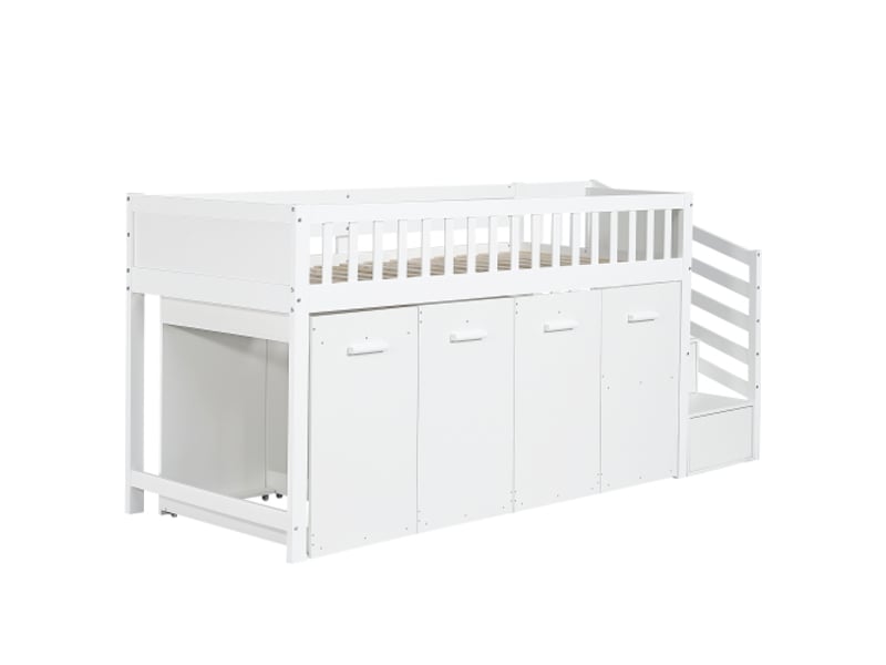  Lit enfant 90x200 cm, lit simple enfant, bureau, penderie, casiers, cadre en bois avec grille, blanc, sans matelas  - Conforama A