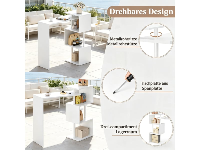  Table de bar avec 3 étagères de rangement pour cuisine et salon en mdf et métal 97,5×38×100 cm blanc  - Conforama C