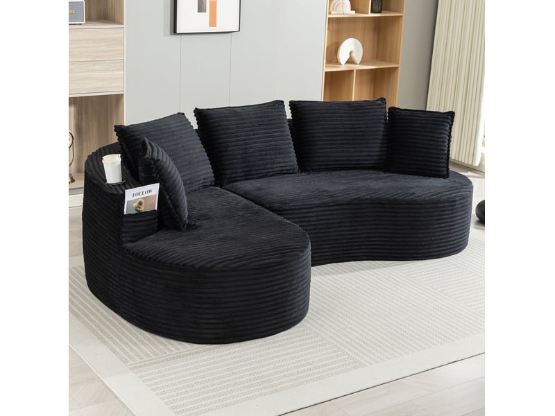  Canapé incurvé 3 places - 250 x 152 x 82 cm - avec porte-gobelets, poche latérale et 5 coussins, velours côtelé noir  - Conforama B