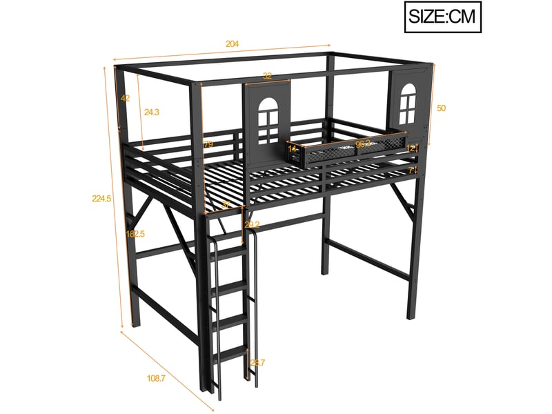  Lit mezzanine enfant 90 x 200 cm en métal noir avec toit maisonnette, échelle et étagère  - Conforama E