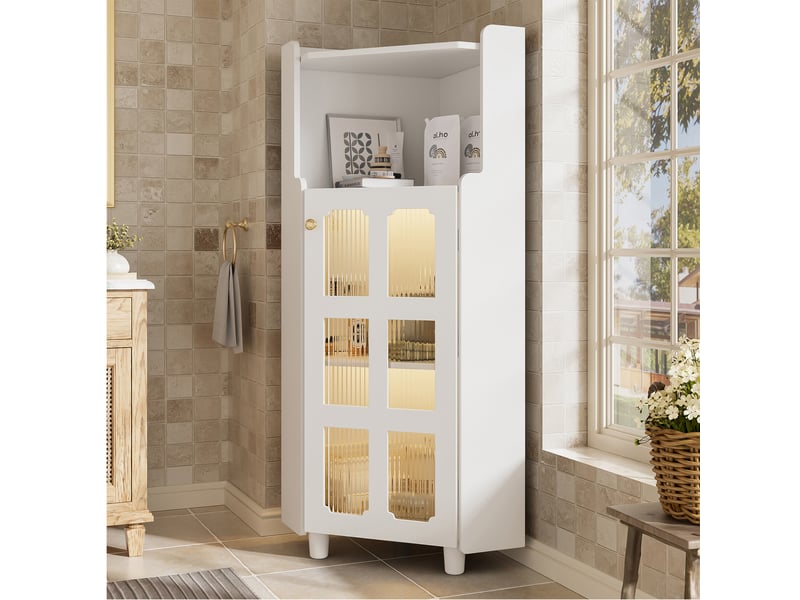  Meuble d’angle blanc 63,5 × 124 cm, finition laquée, led avec app  - Conforama B