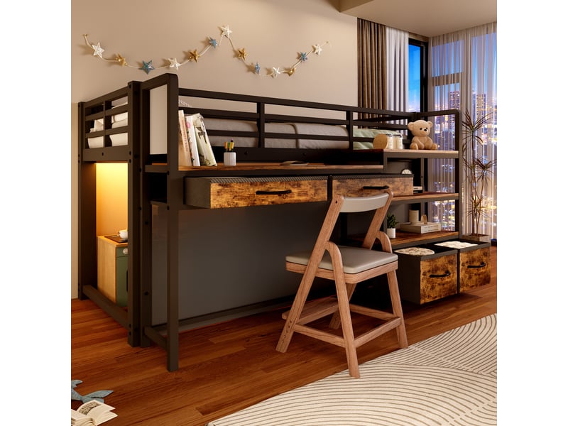  Lit mezzanine enfant 90x200cm avec bureau, lit surélevé avec tiroirs en tissu, étagères ouvertes, rideau et led multicolore, structure en métal, noir Seren Glow - Conforama D
