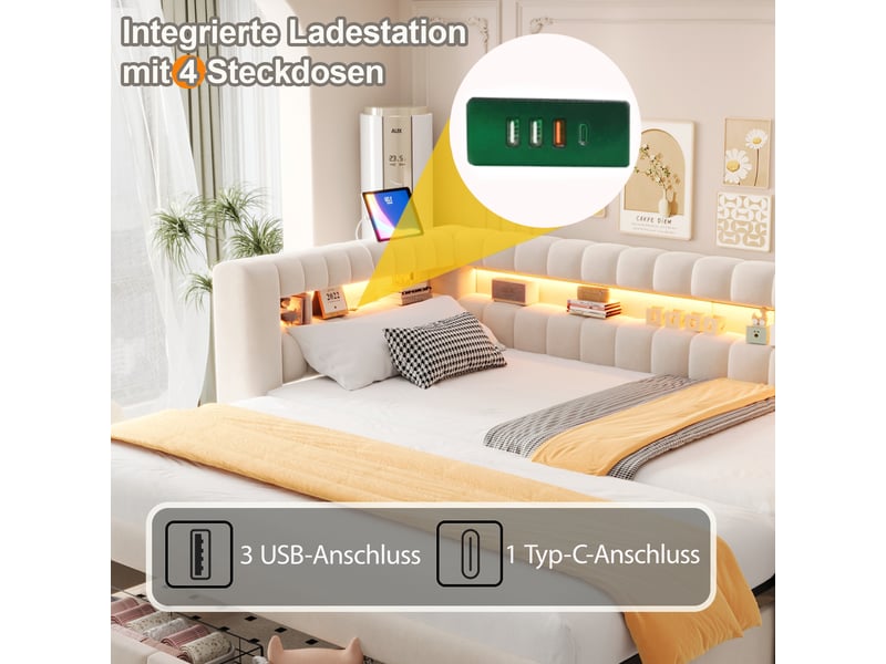  Lit gigogne 90x190 cm - banquette convertible 2 places 180x190 cm - 2 tiroirs, led, usb &amp; type-c - beige  - Conforama D