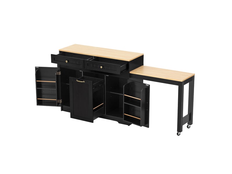 Desserte de cuisine avec 2 tiroirs, 2 portes, table coulissante et rangement pour poubelle, en mdf noir et naturel - Conforama A
