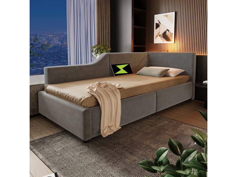  Lit coffre 90x190 cm avec sommier relevable à vérins, velours gris  - Conforama R