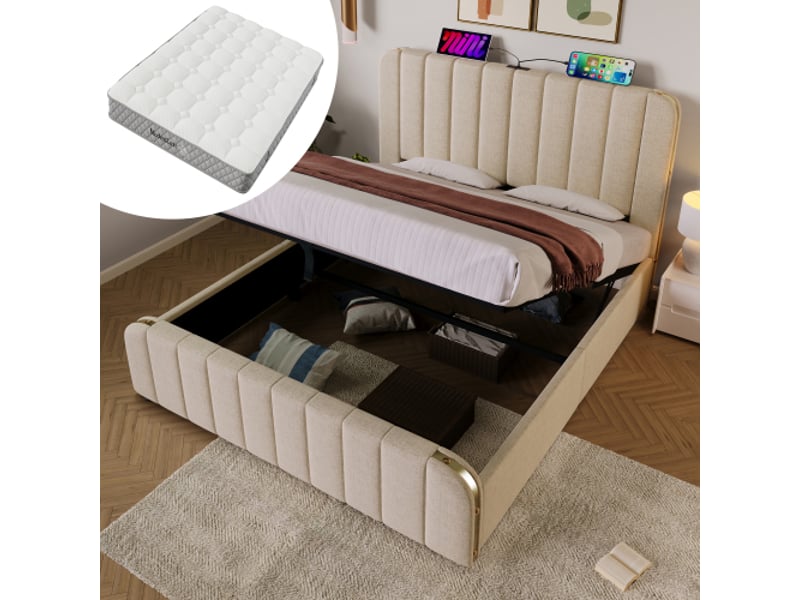  Lit coffre rembourré 180x200 cm beige lin tête dorée usb type c hydraulique avec matelas  - Conforama B