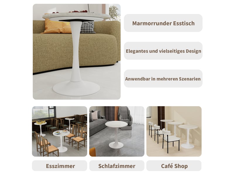  Table à manger ronde,70x70x72 cm,pied central en métal,marbre artificiel,effet marbre blanc  - Conforama E