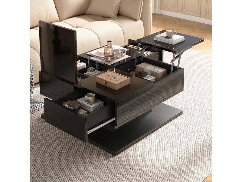  Table basse relevable noire avec rangement et led brillante 72x72 cm  - Conforama E
