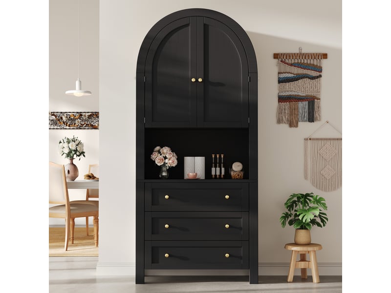  Meuble de cuisine muvano noir, buffet haut à sommet arrondi, 3 tiroirs, 70 × 35 × 180 cm  - Conforama D