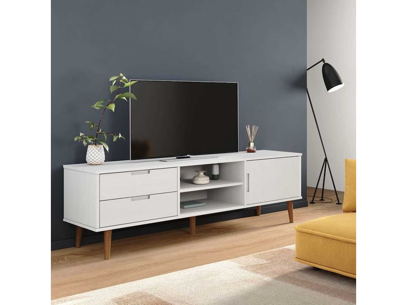  Meuble tv - banc tv - meuble de rangement molde blanc 158x40x49 cm bois de pin massif  - Conforama B