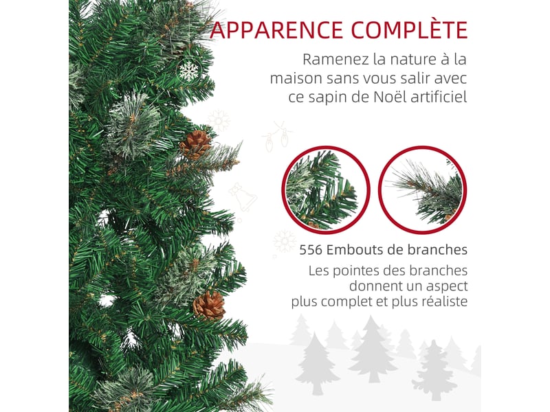  Sapin arbre de noël artificiel 195 cm 556 branches avec 27 pommes de pin+ support pliable pied vert  - Conforama W