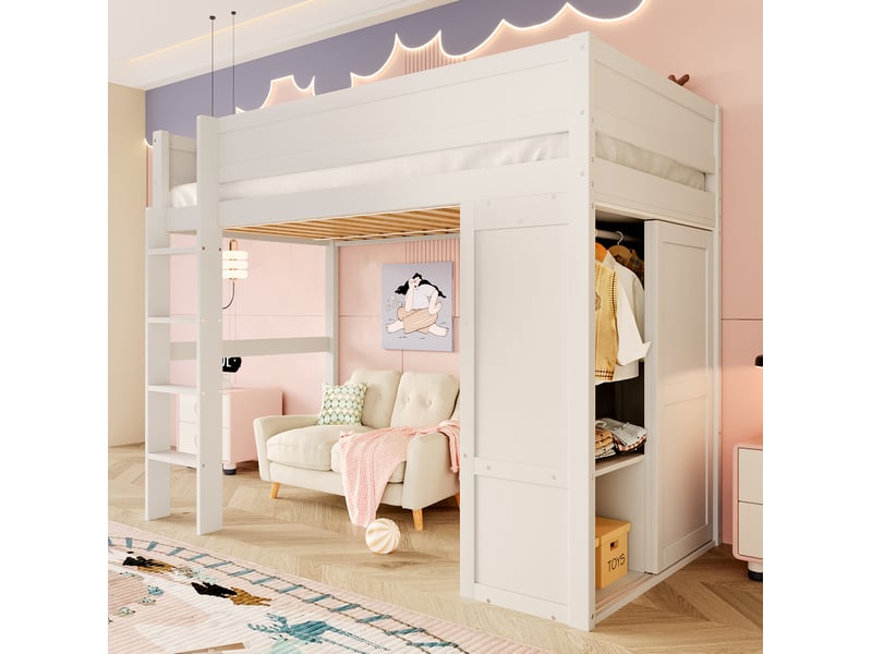  Modenvie lit mezzanine enfant 90x200 cm - avec armoire et rangement intégré, sans matelas - blanc  - Conforama D