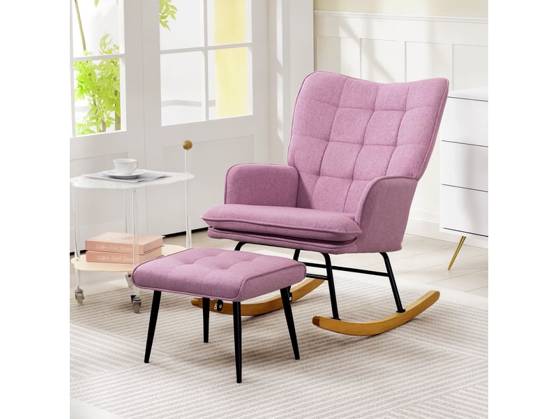 Fauteuil à bascule avec repose-pieds, coussin rembourré, accoudoirs, dossier haut, pieds en bois, capacité de charge 130 kg, rose  - Conforama D