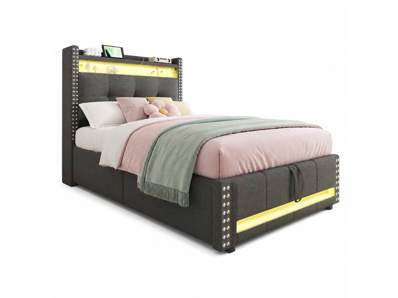  Lit enfant rembourré 90 x 200 cm gris avec led, prise usb et rangement hydraulique  - Conforama A