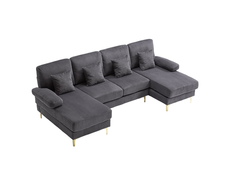  Canapé en u 4 places en velours gris avec led et port usb-c, 265 × 135 × 88 cm, confort pour le salon  - Conforama A