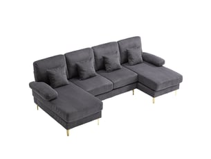 Canapé en u 4 places en velours gris avec led et port usb-c, 265 × 135 × 88 cm, confort pour le salon